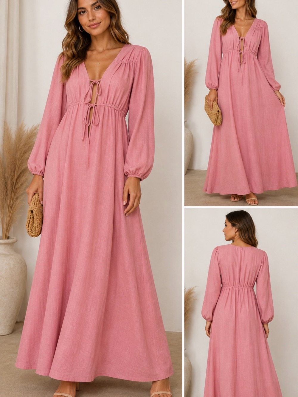 NWT Petal + Pup Pink Long Sleeve Tie Front Maxi Dress Size Large